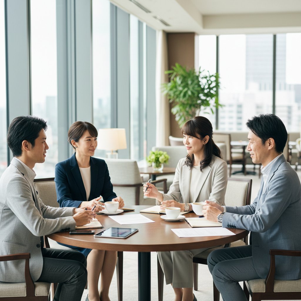 UNiTE エクスクルーシブイベント — 着物の女性と正装した男性が優雅なサロンで会話するプレミアムギャザリングの様子。