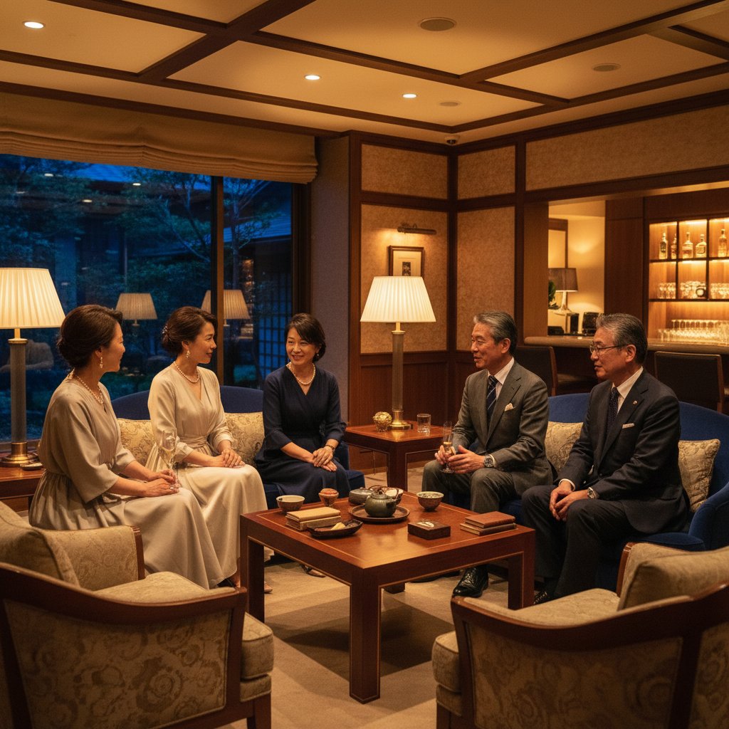 UNiTE 会員制プライベートサロン — 夜の邸宅で上質な服装の男女が語らう特別な集いの様子。