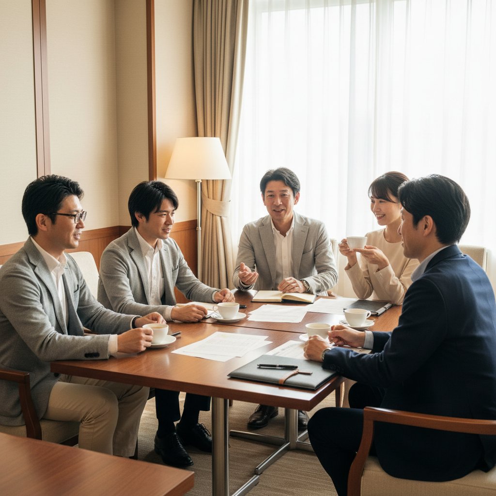 UNiTE プライベートギャザリング — 日本の庭園が見える邸宅で夜の集いを楽しんでいる。