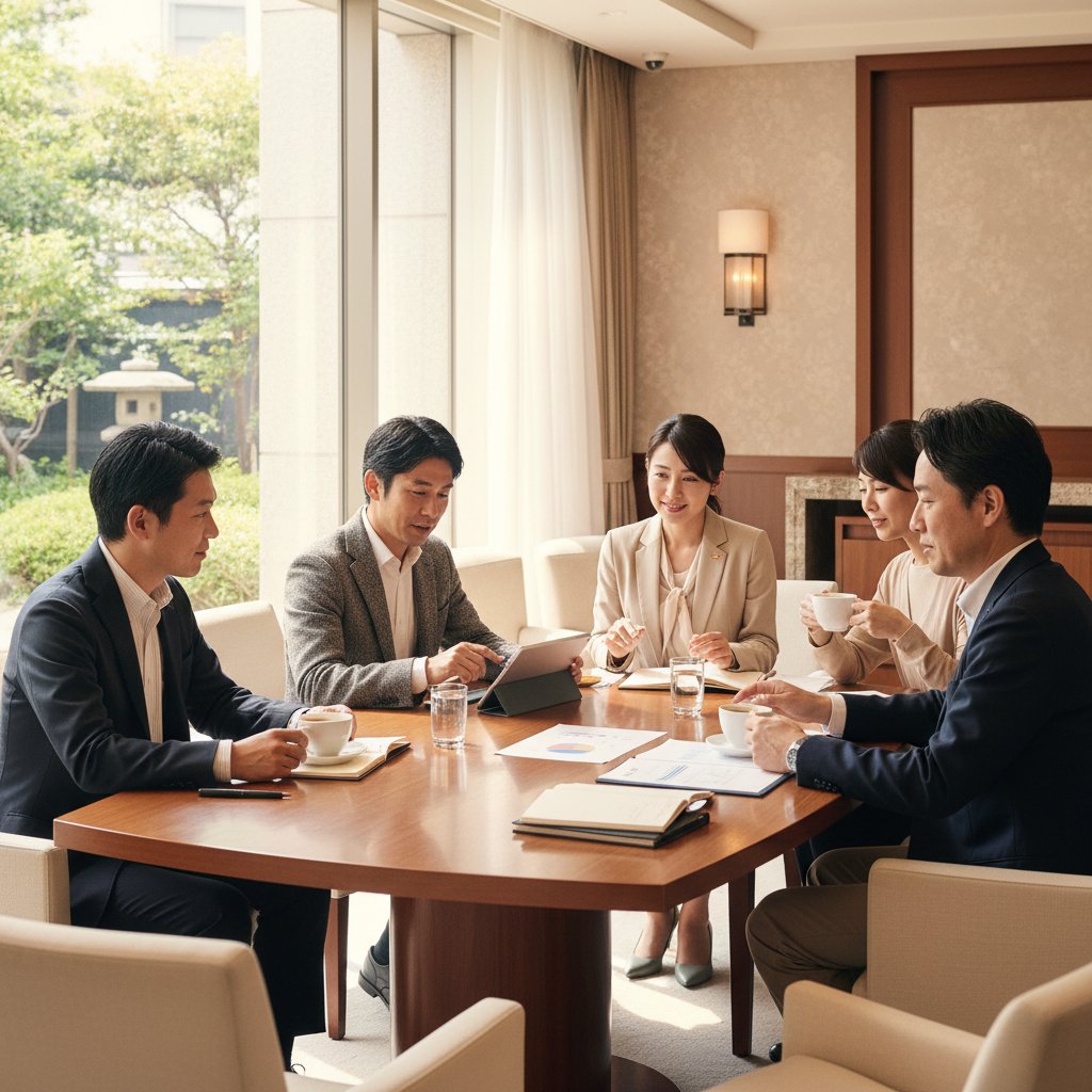 UNiTE 信頼のミーティング — 日本庭園を望む上質な個室で、信頼あるメンバーが向き合い語り合う。