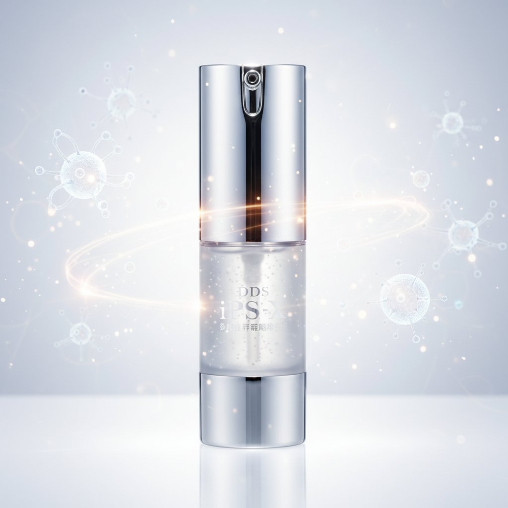 DDS iPS-X サイエンスビジュアル — 細胞・分子構造のエフェクトを背景にしたシルバー容器。