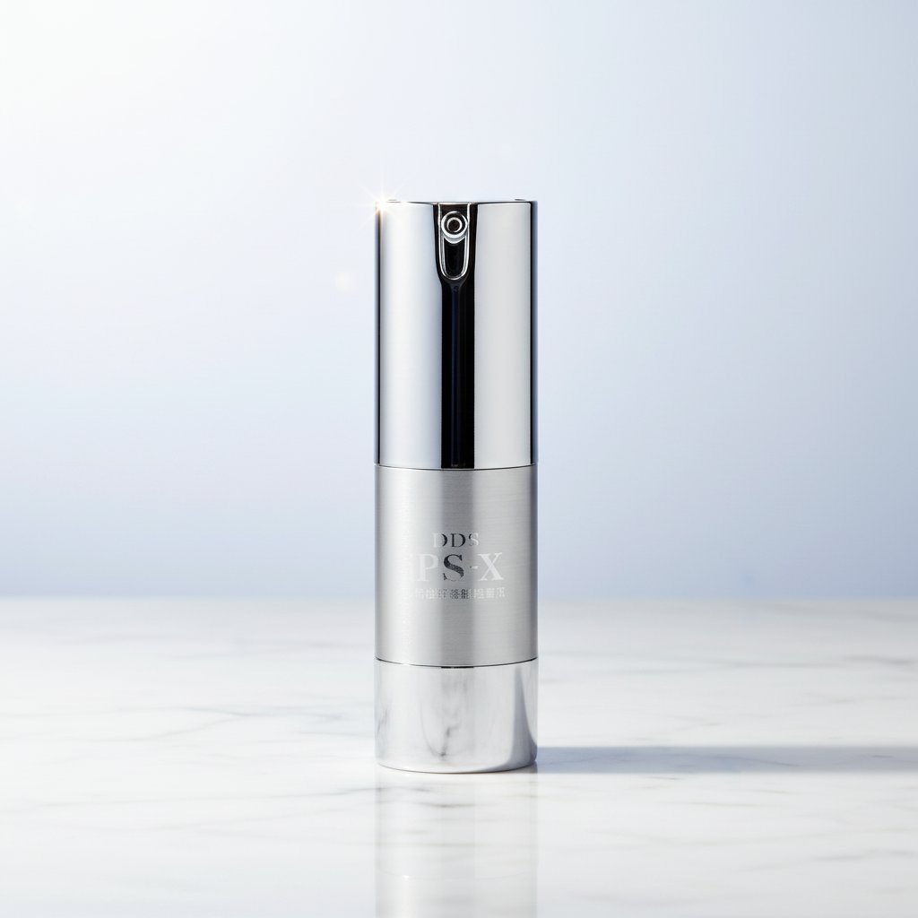 DDS iPS-X 商品単体 — マーブルの台座に置かれた鏡面仕上げのシルバーポンプ容器。