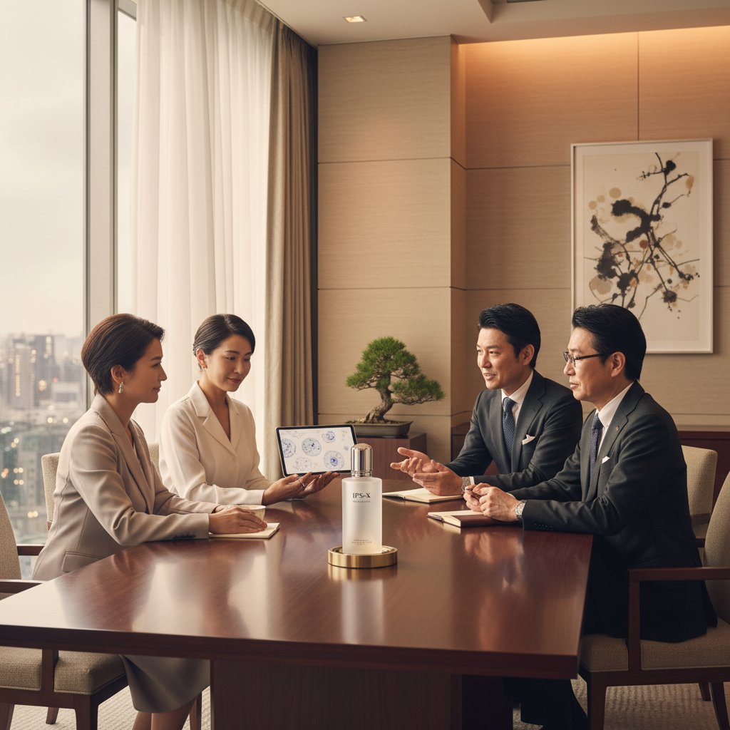 再生美容事業パートナーシップミーティング — DDS iPS-Xを囲み商談している。